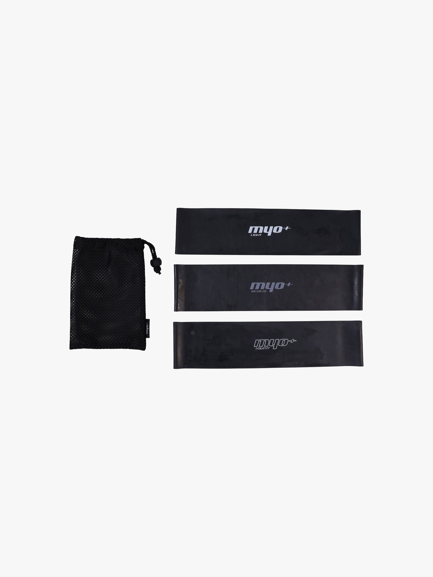 MyoBand Flex 3-Pack by Myo+ with included mesh carry bag, featuring Light, Medium, and Heavy resistance mini bands for progressive training