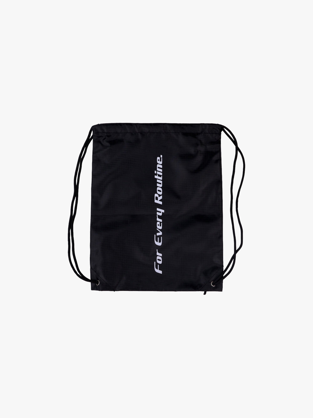 Back view of the Myo+ drawstring gym bag showing the For Every Routine tagline printed in white down the centre