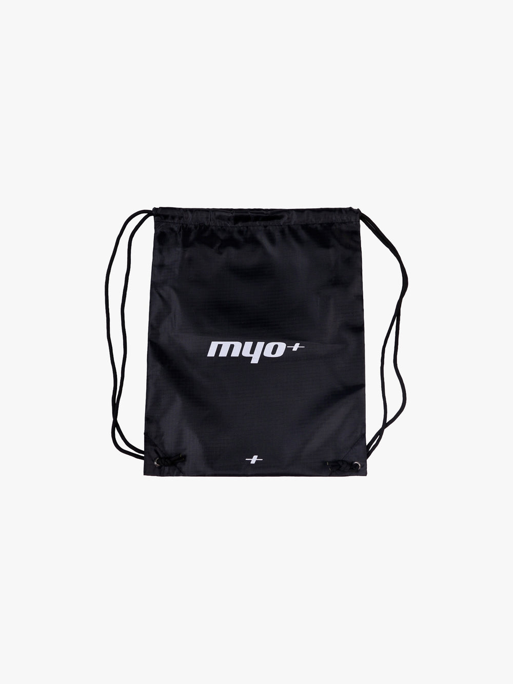 Myo+ drawstring gym bag in black, lightweight ripstop nylon for carrying training gear and recovery equipment