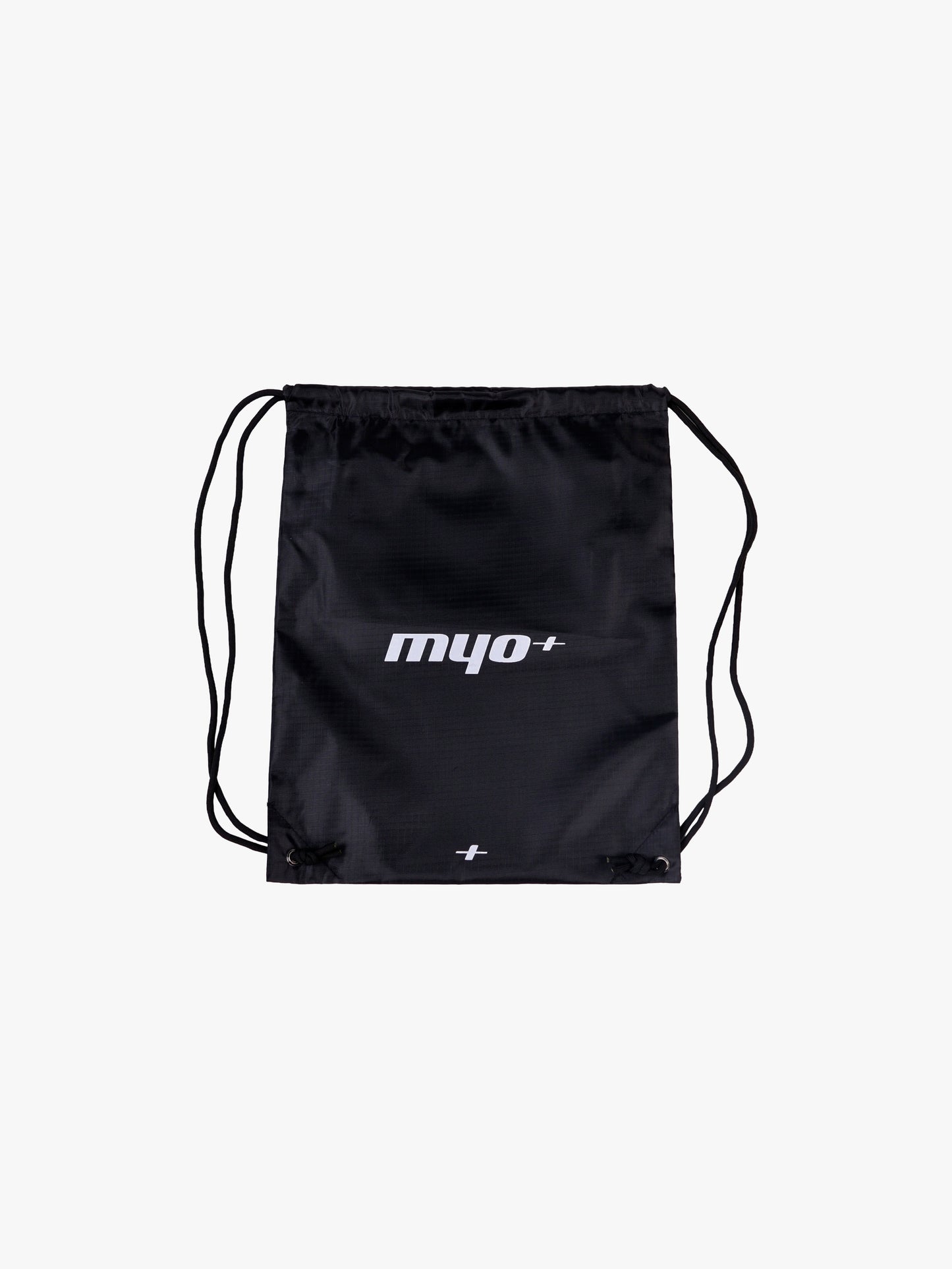 Myo+ drawstring gym bag in black, lightweight ripstop nylon for carrying training gear and recovery equipment