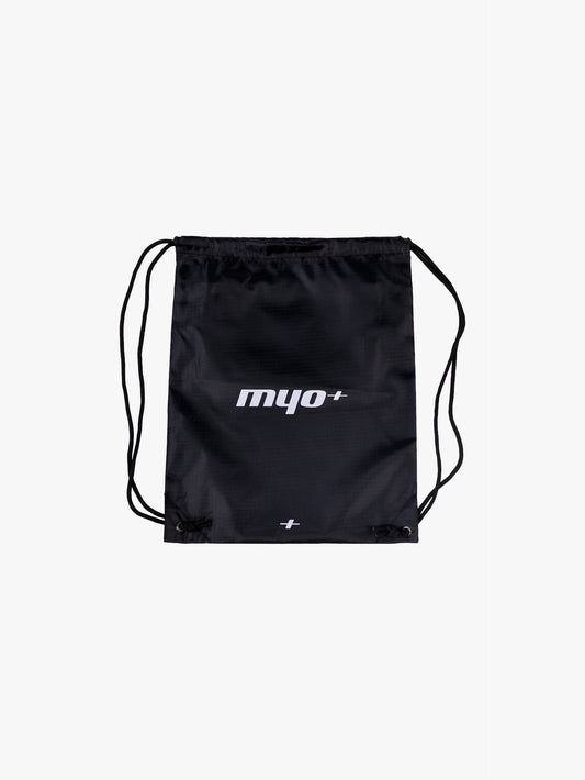 Myo+ drawstring gym bag in black, lightweight ripstop nylon for carrying training gear and recovery equipment