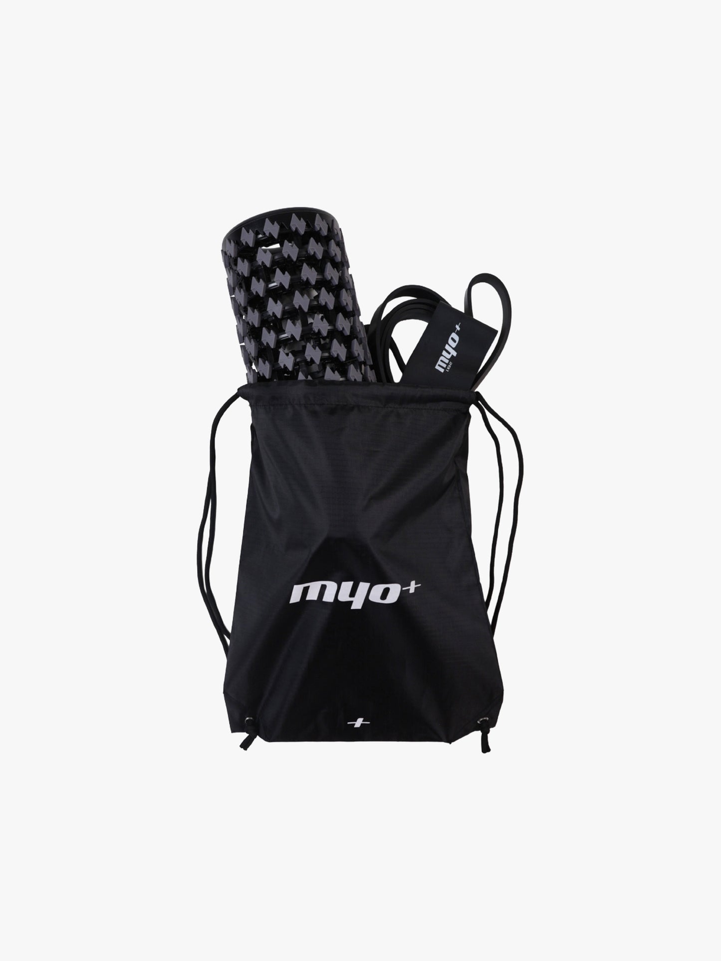 RecoverCore bundle by Myo+ packed into the included drawstring carry bag, with Collapsible Roller and Myo+ Power Band visible inside