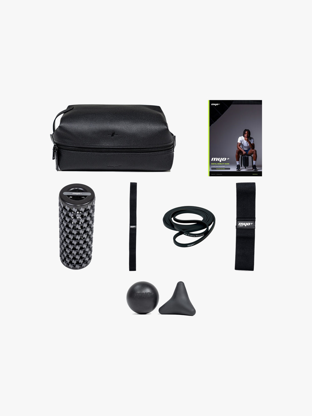 Myo+ RecoverCore complete recovery kit flat lay including leather case, textured foam roller, resistance bands, mobility loop, massage ball, trigger point tool and digital mobility guide