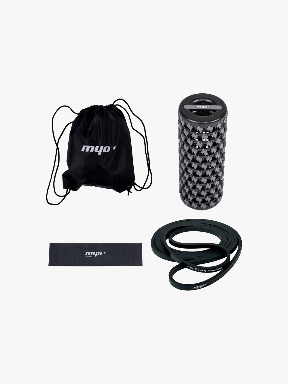 Myo+ RecoverCore Essentials bundle flat lay featuring the drawstring carry bag, Collapsible Foam Roller, MyoBand Flex Light mini band, and Power Band Light resistance band