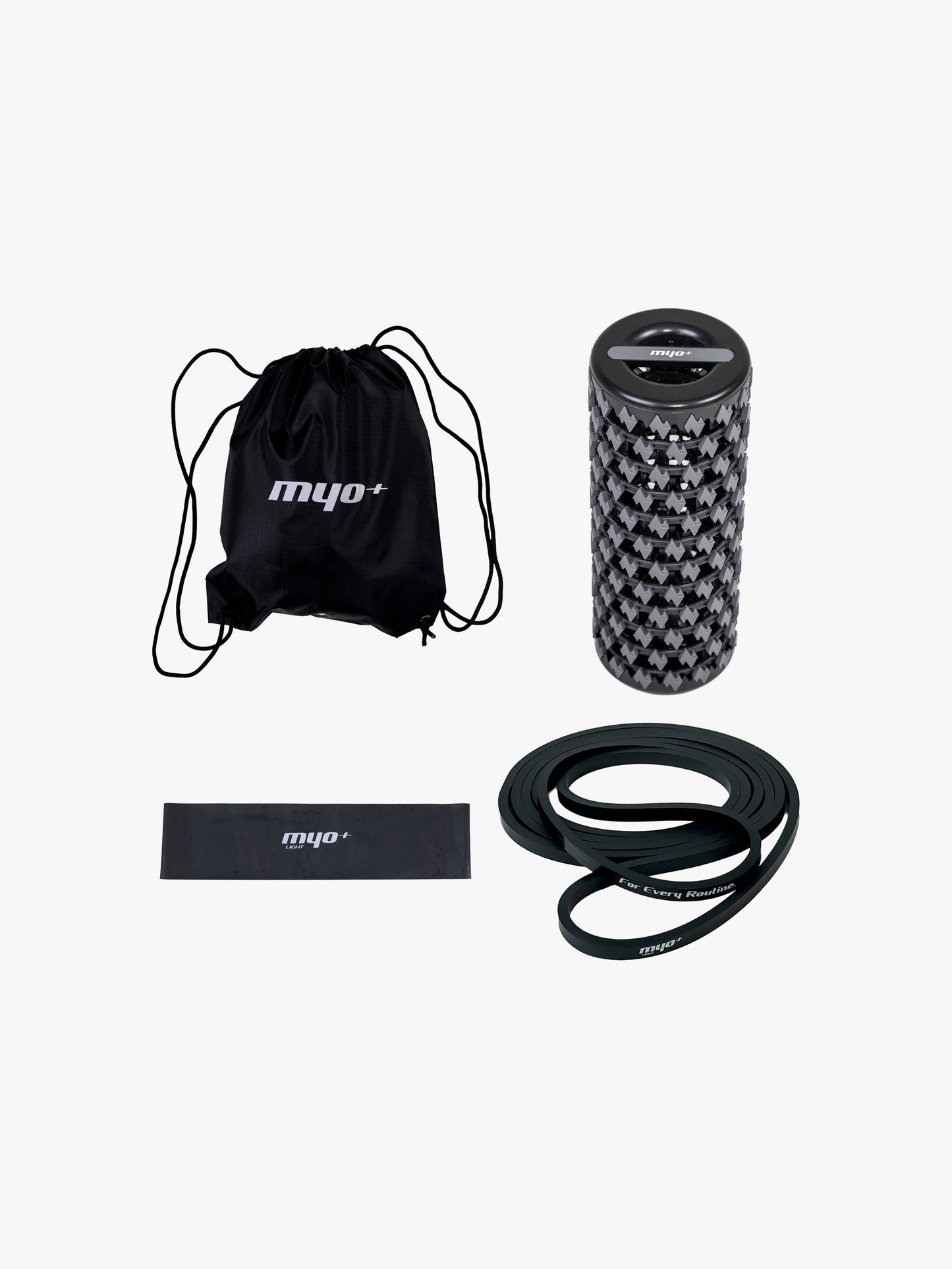 Myo+ RecoverCore Essentials bundle flat lay featuring the drawstring carry bag, Collapsible Foam Roller, MyoBand Flex Light mini band, and Power Band Light resistance band