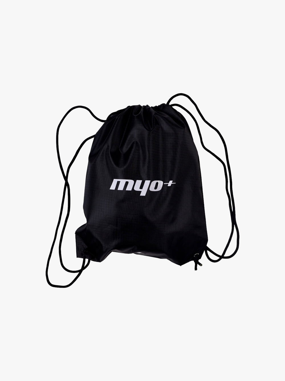Myo+ drawstring gym bag in black ripstop nylon, shown with drawstrings extended ready for use