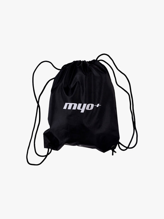 Myo+ drawstring gym bag in black ripstop nylon, shown with drawstrings extended ready for use