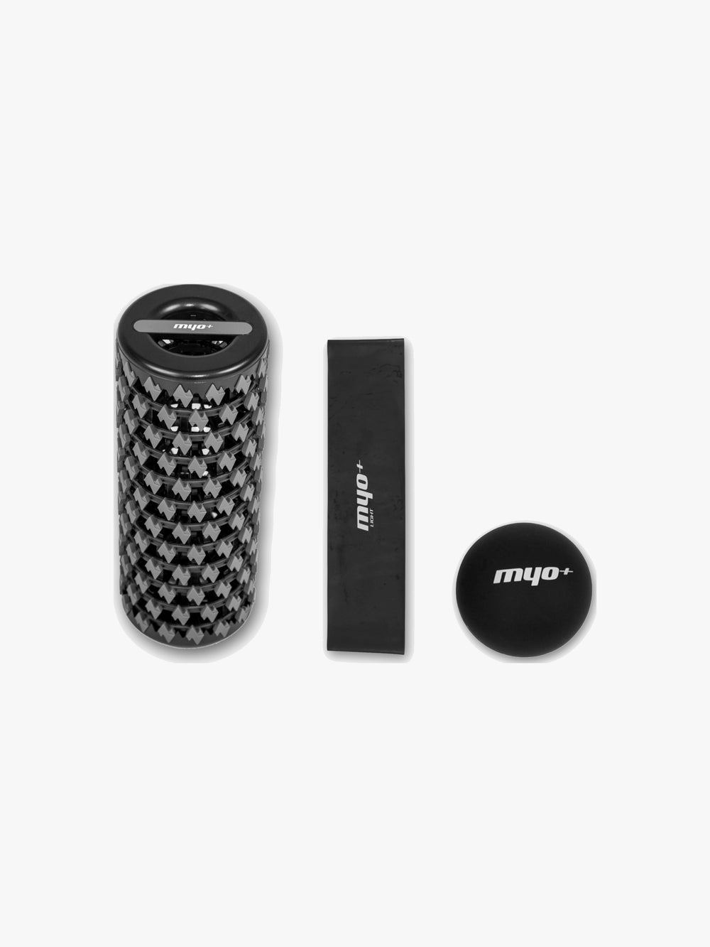 myo+ RecoverLite Bundle — collapsible foam roller, light resistance mini band, and massage ball on off-white background
