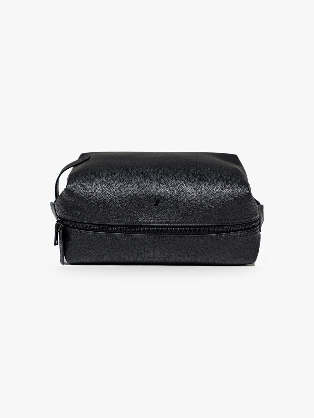 Myo+ black leather wash bag with zip closure and side carry handle