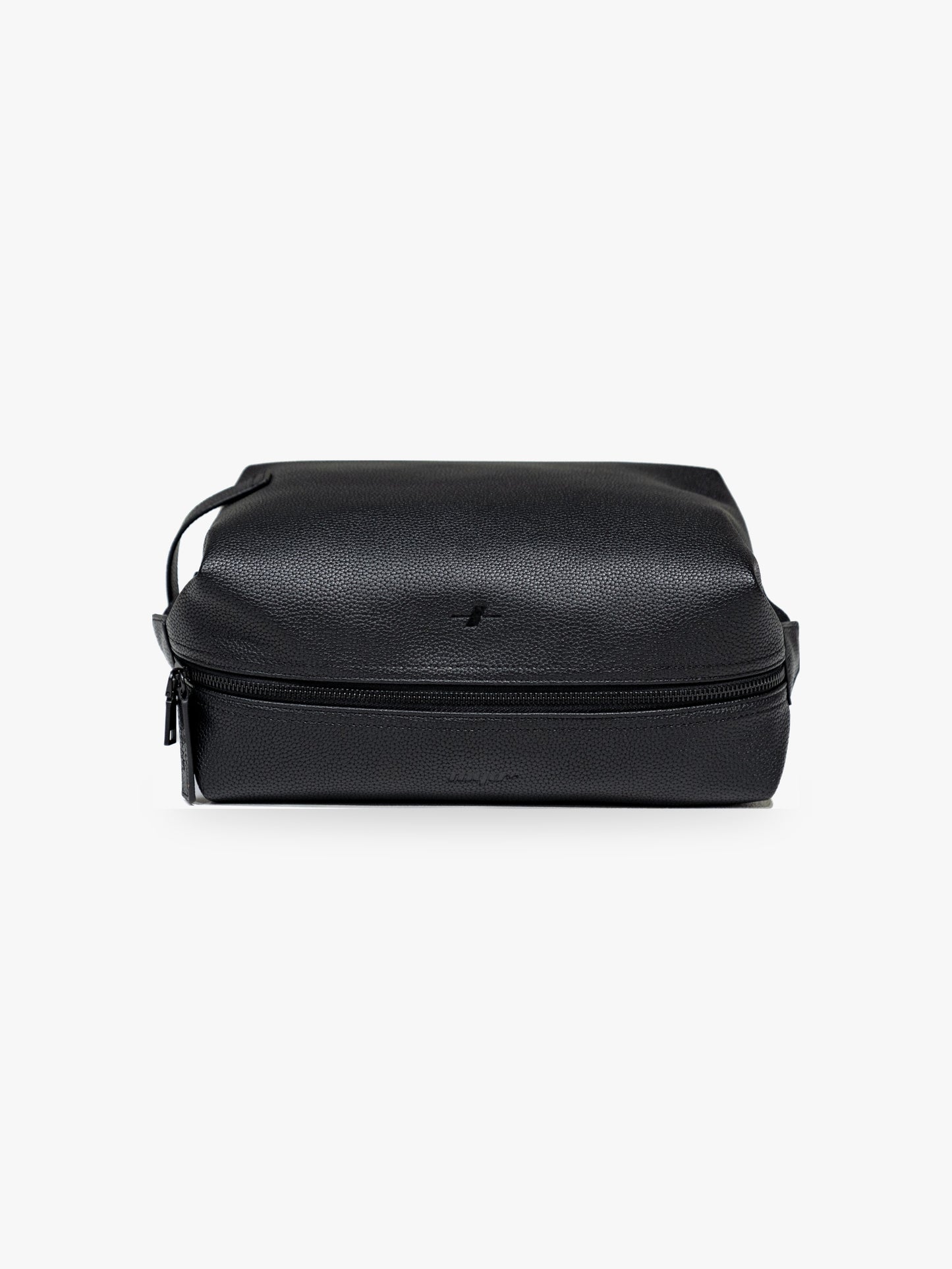 Myo+ black leather wash bag with zip closure and side carry handle