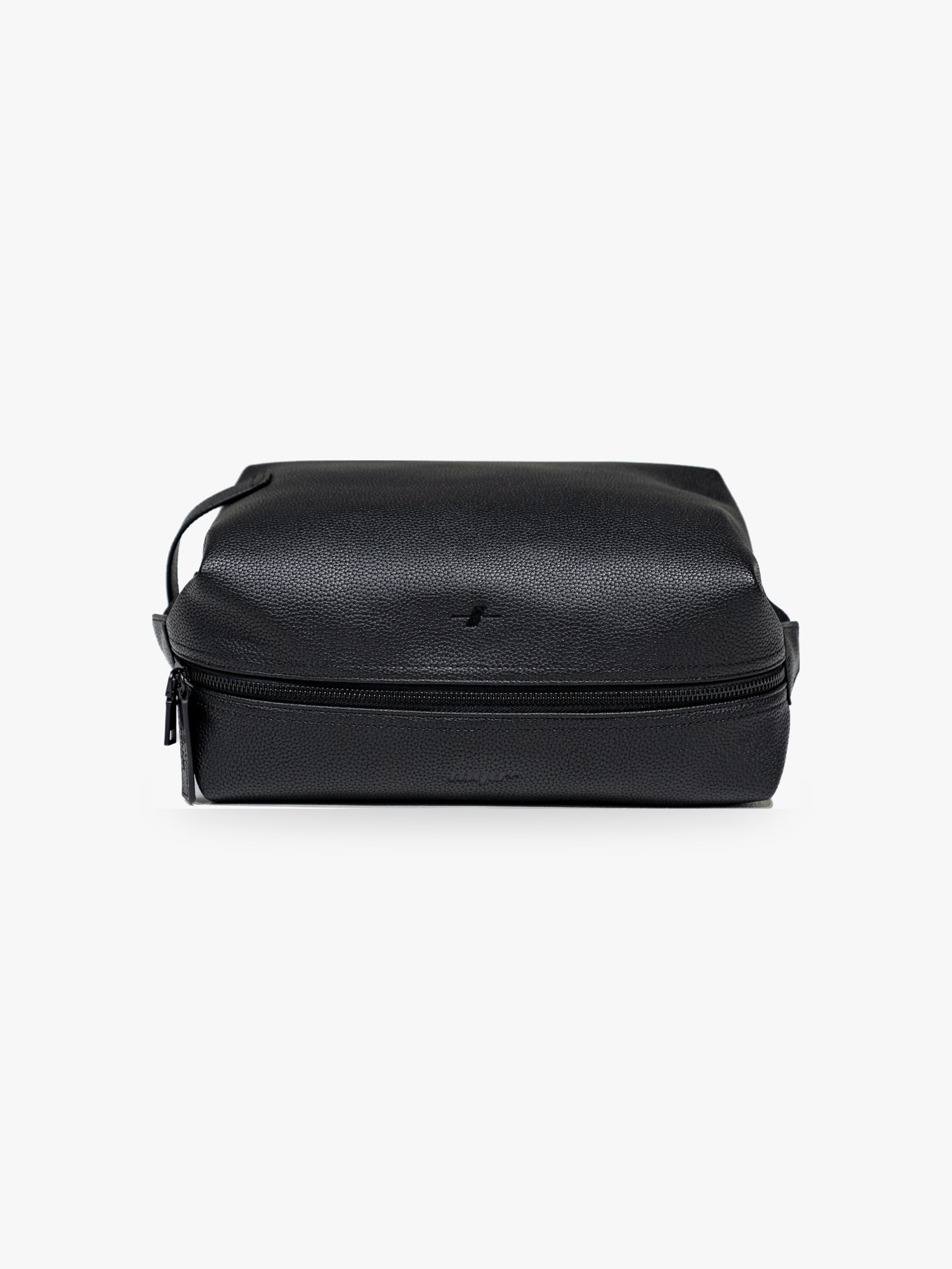Myo+ black leather wash bag with zip closure and side carry handle