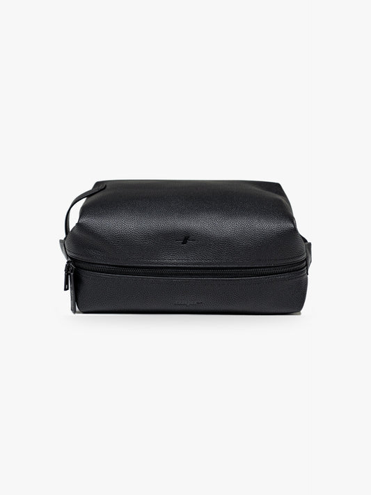 Myo+ black leather wash bag with zip closure and side carry handle