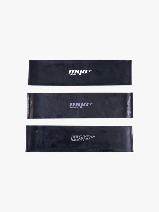 MyoBand Flex 3-Pack by Myo+ including Light, Medium, and Heavy resistance mini bands for glute activation, strength training, and progressive loading