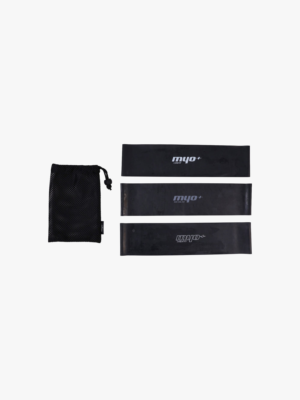 MyoBand Flex 3-Pack by Myo+ with included mesh carry bag, featuring Light, Medium, and Heavy resistance mini bands for progressive training