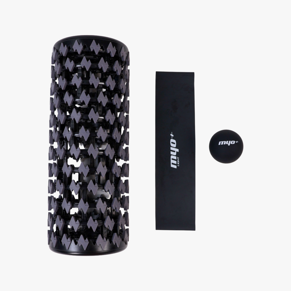 RecoverLite bundle by Myo+ including the Collapsible Roller, MyoBand Light Resistance, and massage ball